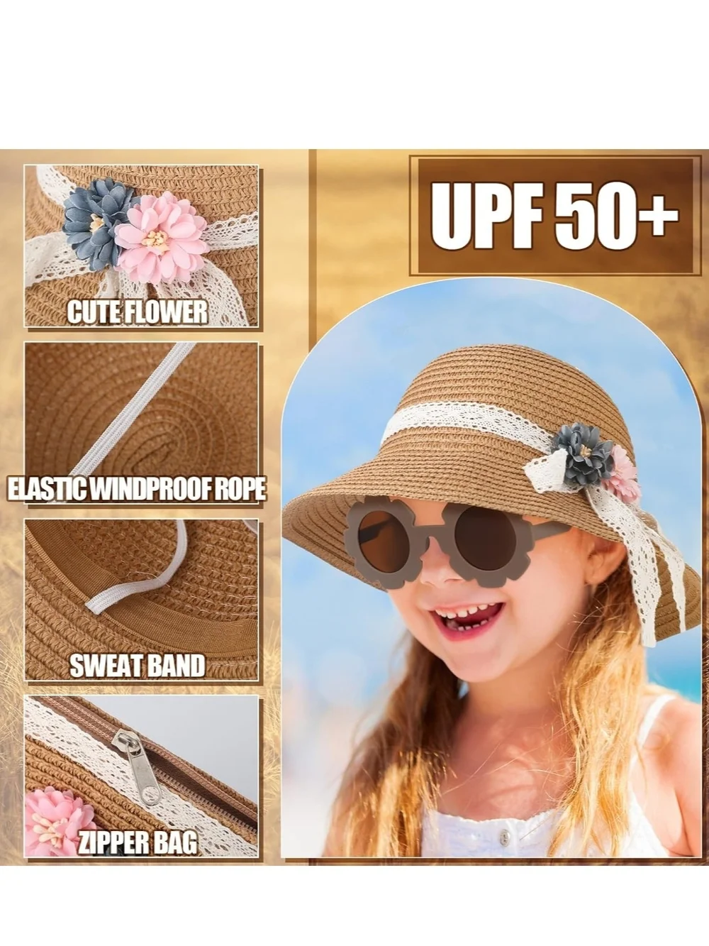Kids Straw Sun Hat, Purse & Flower Sunglasses Set - Pink & Gray Accents